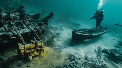 The survey team conducts underwater archaeology surveys to investigate submerged ancient sites and shipwrecks.