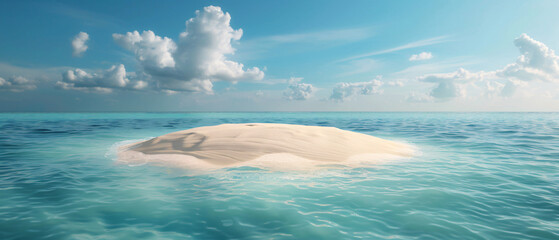 Fototapeta premium A small, sandy island with gentle waves lapping at its shores sits amidst a vast turquoise ocean. A clear blue sky hangs overhead, with fluffy white clouds drifting by. Sunlight bathes the island in
