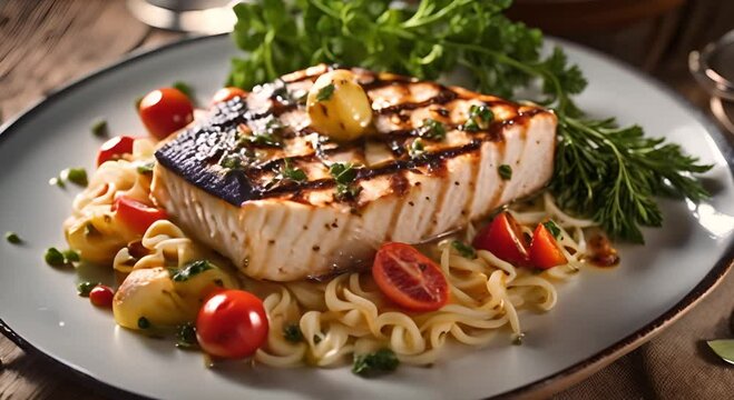 Grilled swordfish with caramelized onions, fricassee vegetables. Seafood Recipe Concept