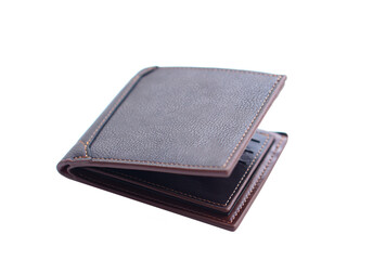 Dark brown leather wallet for men isolated on white background. Concept, Equipment for keeping money. Finance , investment and economy.            