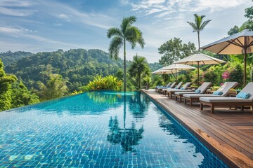 Obraz premium Luxury Resort Infinity Pool with Palm Trees and Umbrellas