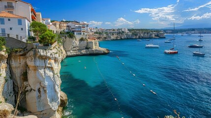 Fototapeta premium Mediterranean Coastline: Cliffside Village with Clear Blue Waters and Moored Boats