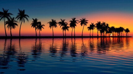 Obraz premium Tropical Sunset with Palm Trees Reflected on Calm Water