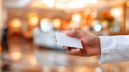 Hand Holding Blank Card with Blurred Background