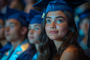 Obraz premium A girl in a graduation cap sits in the audience while others receive diplomas on stage to applause.