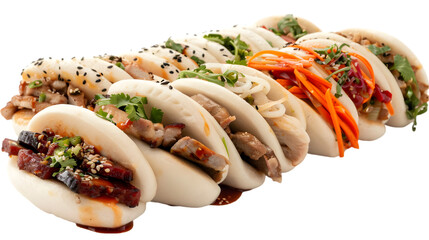  A collection of pork, chicken, and veggie bao buns arranged in an appealing manner on a transparent background 