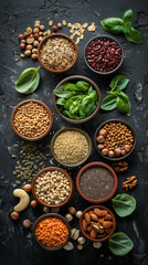 Artistic composition of vegetarian ingredients, including nuts, seeds, legumes, and grains, on a dark, textured background