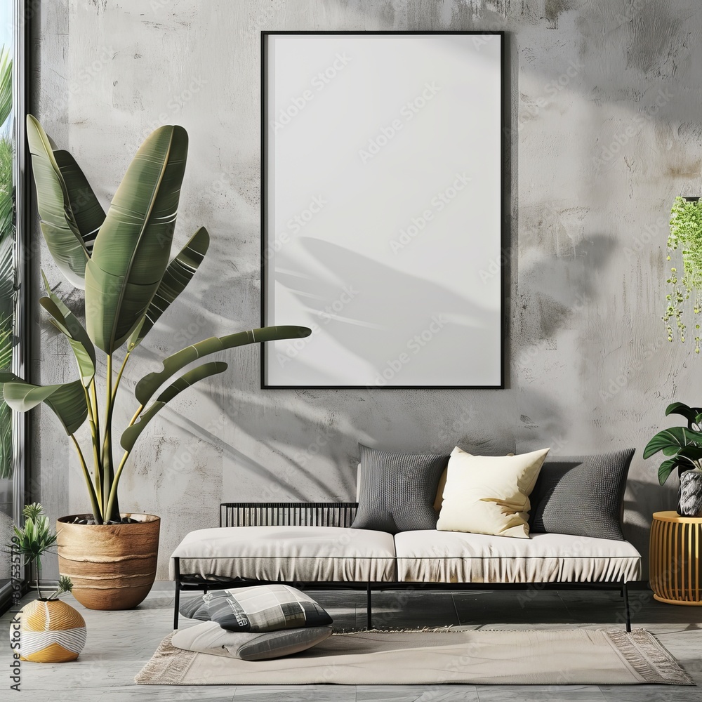 Sticker A contemporary living room with a large empty frame, perfect as abstract, modern wallpaper or background, and potential best-seller