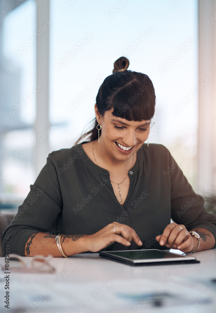 Poster Office, smile and woman with tablet at desk for internet, research and digital feedback on email. Happy, developer and tech with reading info for software development, review and company ux report