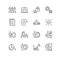 Set of business audit related icons, startup strategy, employee, management, teamwork, organization, management and linear variety vectors.	
