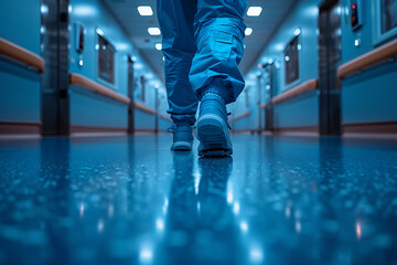 Fototapeta premium A view of doctors' legs in hospital corridors or on the way to the operating room