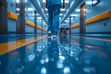 Fototapeta premium A view of doctors' legs in hospital corridors or on the way to the operating room