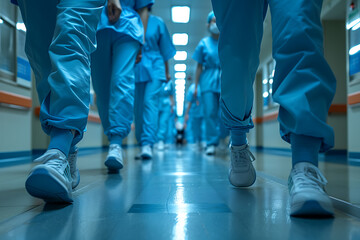 Obraz premium A view of doctors' legs in hospital corridors or on the way to the operating room