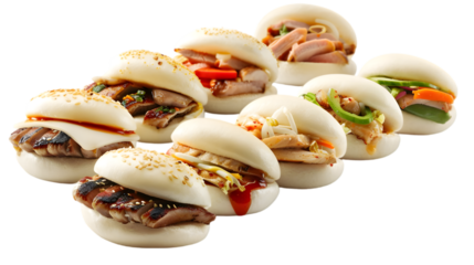  A collection of pork, chicken, and veggie bao buns arranged in an appealing manner on a transparent background 