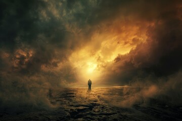 Lone Figure Silhouetted Against a Dramatic Sunset Sky with Clouds