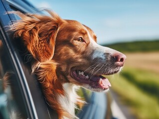 Happy Dog Sticking Head Out of Car Window, Joyful Ride