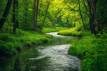 Serene Forest Stream with Lush Greenery