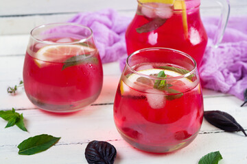 Basil lemonade. Homemade lemonade with purple basil and mint
