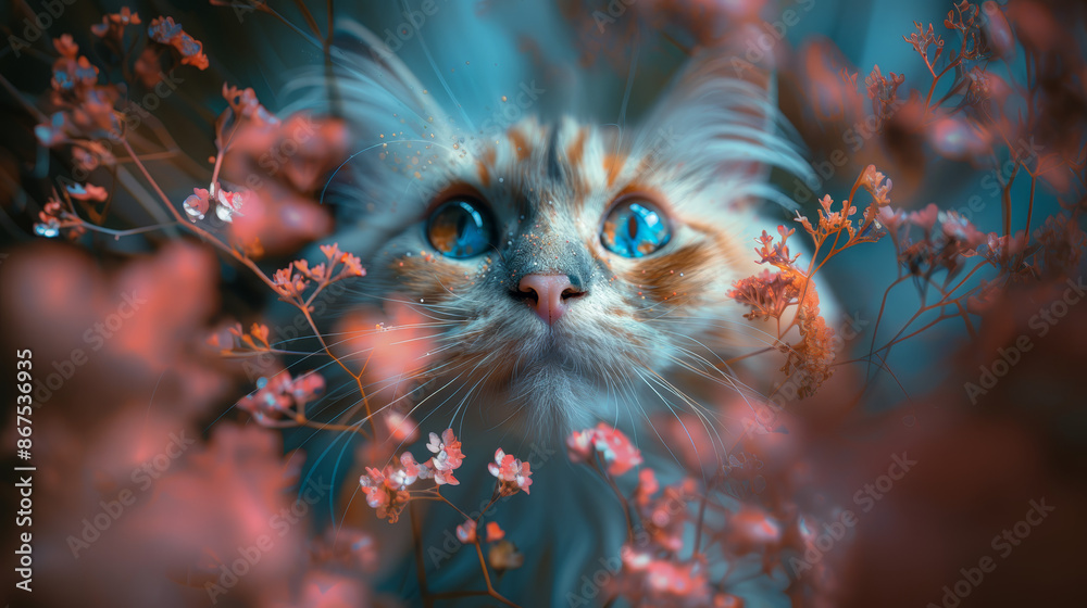 Wall mural close up of a red orange fluffy cute cat with blue brown eyes in the garden with pink flowers