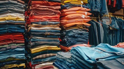Stacks of unsold clothing in a retail store, over supply, fashion industry surplus