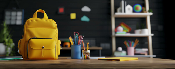 Fototapeta premium 3D render of a school backpack, against the background of a primary school class