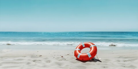 Creative banner with red life buoy on deserted Crimean beach. Concept Deserted Beach, Crimean Coast, Red Life Buoy, Creative Banner Design