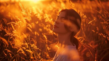 Contemplative Woman in Sunlit Field with Tall Grass