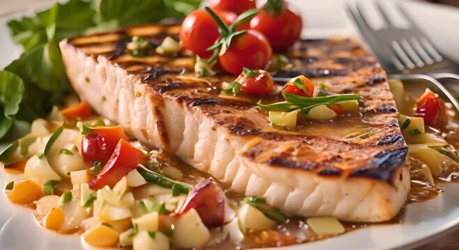 Grilled swordfish with caramelized onions, fricassee vegetables. Seafood Recipe Concept