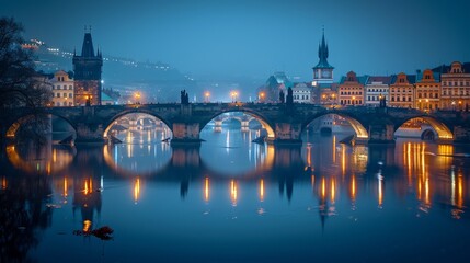 Fototapeta premium Moonlit Old Town Bridge with Reflections and Architectural Details