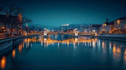 Nighttime Cityscape with Illuminated Bridge and Reflections on the River