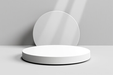 White round pedestal display on a light grey background, minimalistic, for product presentation. Generative AI
