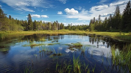 Fototapeta premium Wetlands, often overlooked, are crucial for filtering pollutants, providing wildlife habitats, and protecting against floods.