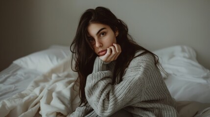 Contemplative Woman in Cozy Bedroom