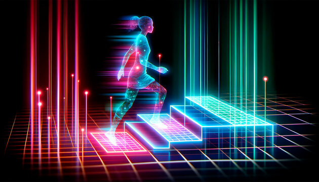 A holographic human figure ascending neon-lit stairs, digital art on a dark background, concept of progress. Generative AI