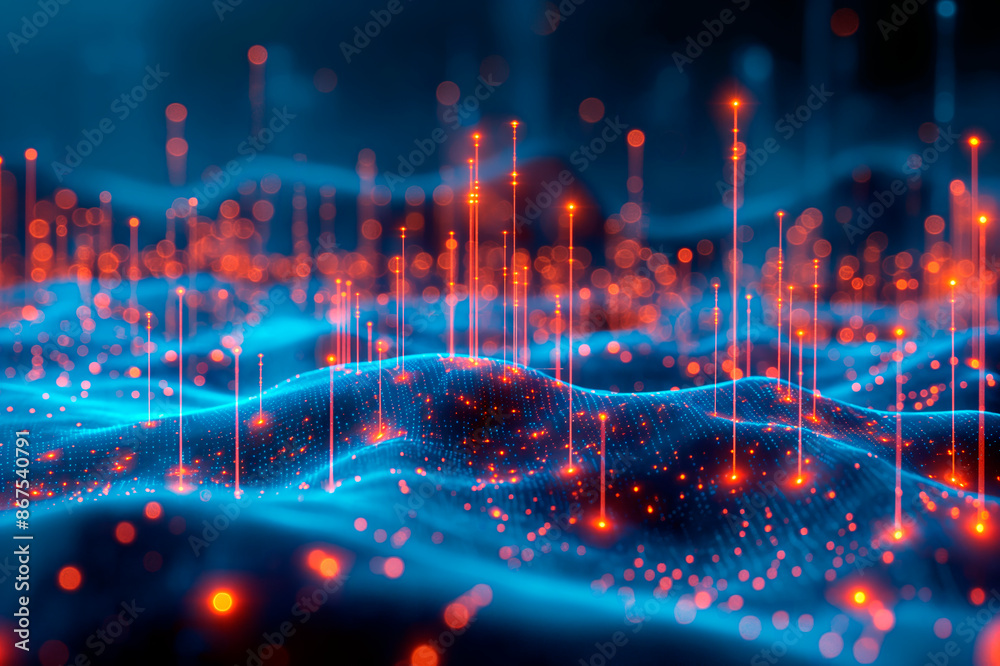 Poster abstract digital landscape with glowing particles and lines on a dark blue backdrop, symbolizing tec