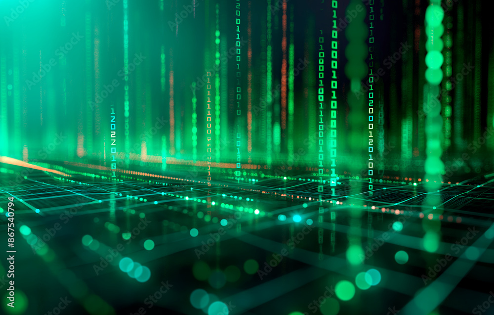 Poster Digital binary code data streaming on a dark