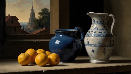 The symbolic significance of a jug in a still life painting, focusing on its contrast with other objects ai_generated
