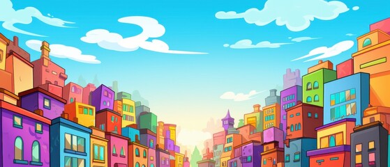 Colorful cartoon city street with bright buildings and blue sky. Ideal for children's book illustrations, animation, games, and vibrant backgrounds.