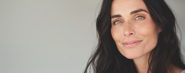 Smiling Woman with Long Dark Hair and Bright Eyes