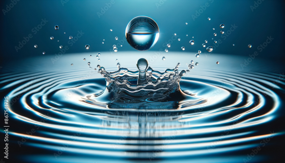 Poster a close-up of water droplets creating ripples, with a central suspended droplet, on a blue-toned bac