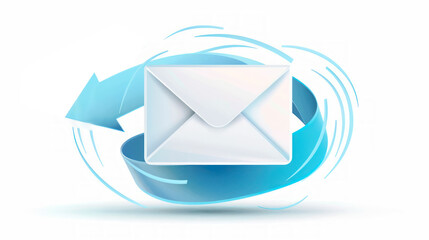 Stylized envelope with blue arrows swirling around it, on a white background, depicting the concept of email communication. Generative AI