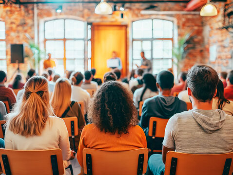 A group of people attending a workshop in a room with brick walls, presentation in progress, an educational concept. Generative AI