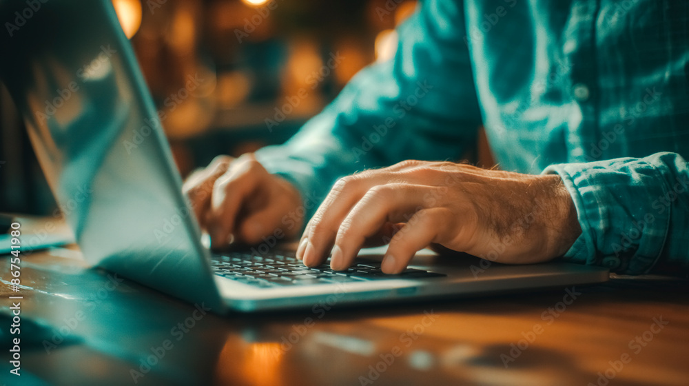 Poster Close-up of a person typing on a laptop with warm lighting and a blurred background, concept of work and technology. Generative AI
