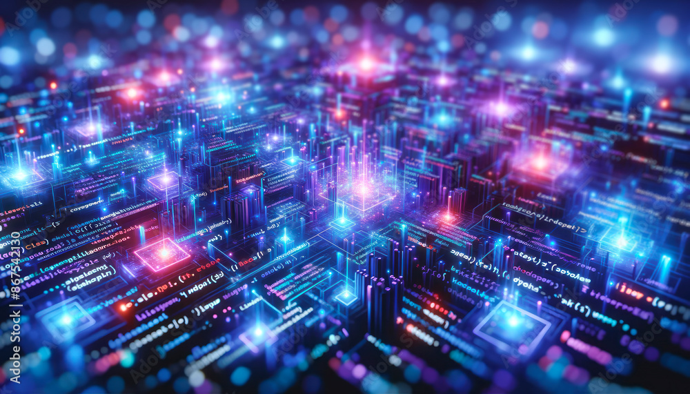 Poster an intricate network of glowing digital circuits, displayed with vibrant blue and pink lights agains