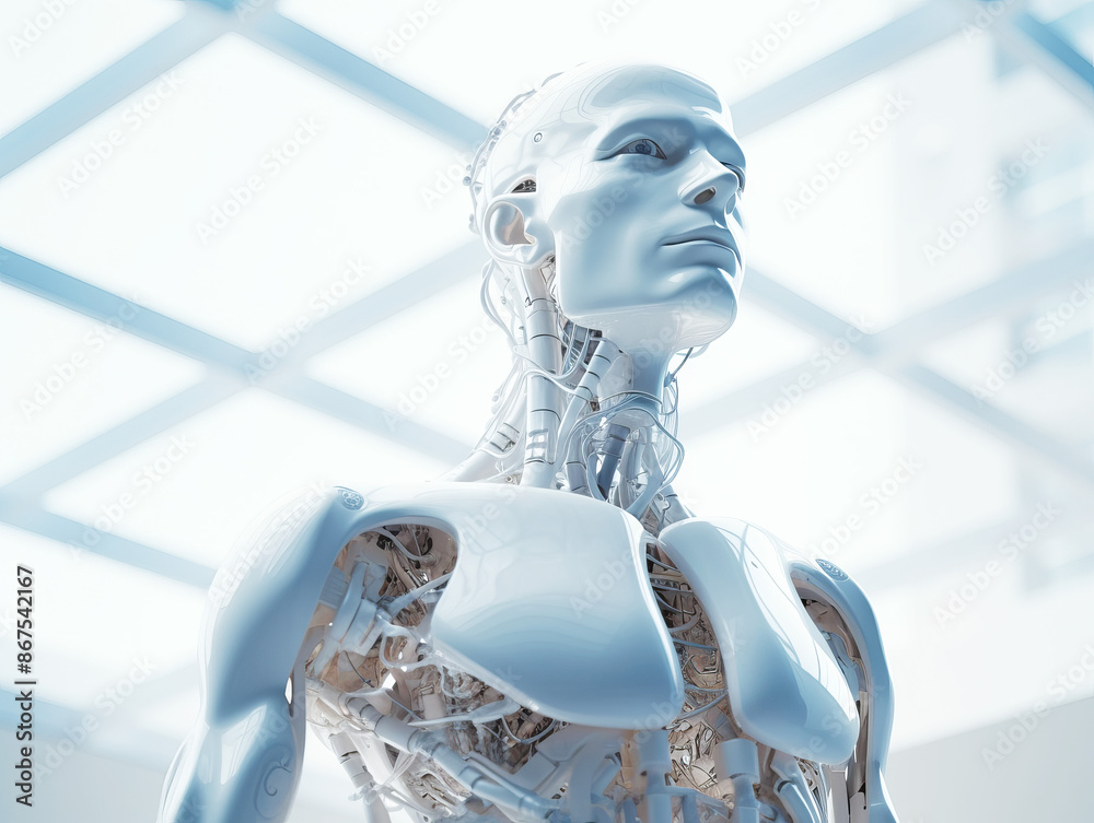 Aufkleber A humanoid robot featuring intricate mechanical details, with a geometric patterned background, embodying the concept of advanced technology. Generative AI