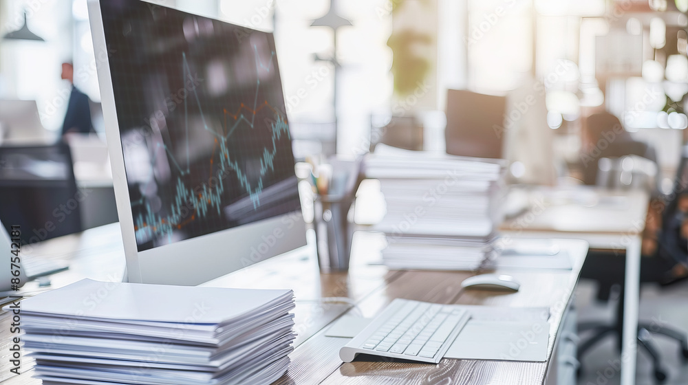 Poster Computer monitor displaying graphs on a desk with piles of paper, in an office environment, concept of business analytics. Generative AI