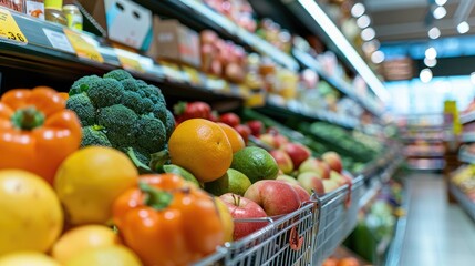 Fresh fruits and vegetables arranged in a shopping cart, with aisle view and labeled products on shelves in the background of a busy supermarket, highlighting healthy eating