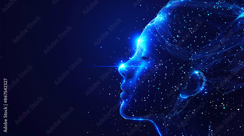 Poster digital profile of a human head with interconnected lines on a starry blue background, depicting a t