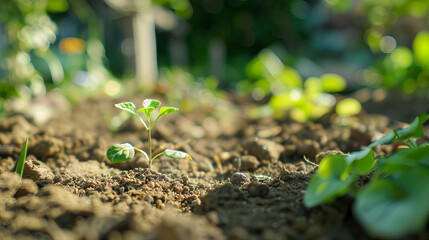 A young plant sprouting from soil, with sunlight filtering through a bokeh background, conveying growth and life. Generative AI
