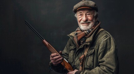 Fototapeta premium Studio shot of a mature hunter aiming with a rifle isolated on black background